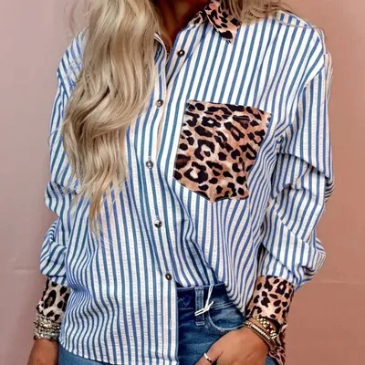 Sky Blue Striped Leopard Print Patchwork Button Up Womens Shirt Sky Blue - Shop at LoveMi