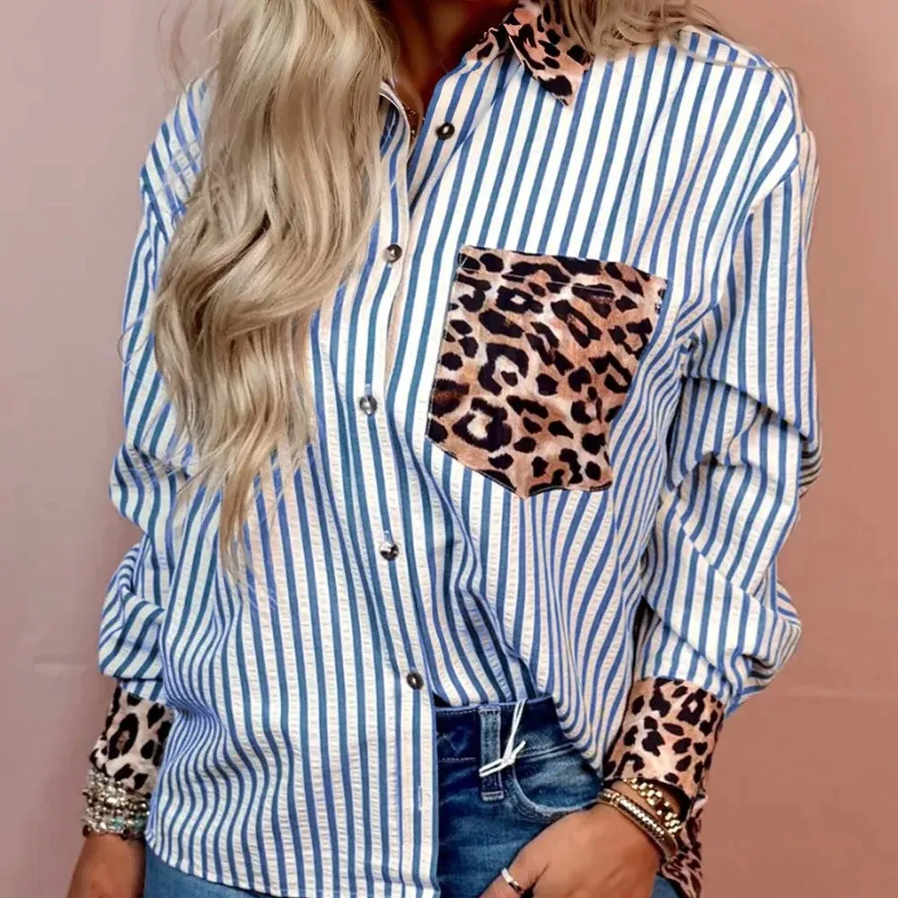 Sky Blue Striped Leopard Print Patchwork Button Up Womens Shirt - Sky Blue