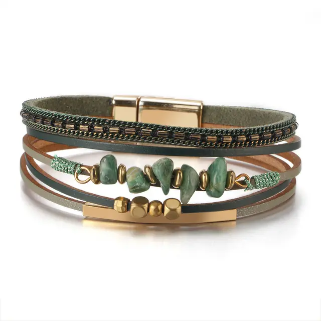 Boho Copper Tube Bracelet Natural Stone Magnetic Snap Green - Shop at LoveMi