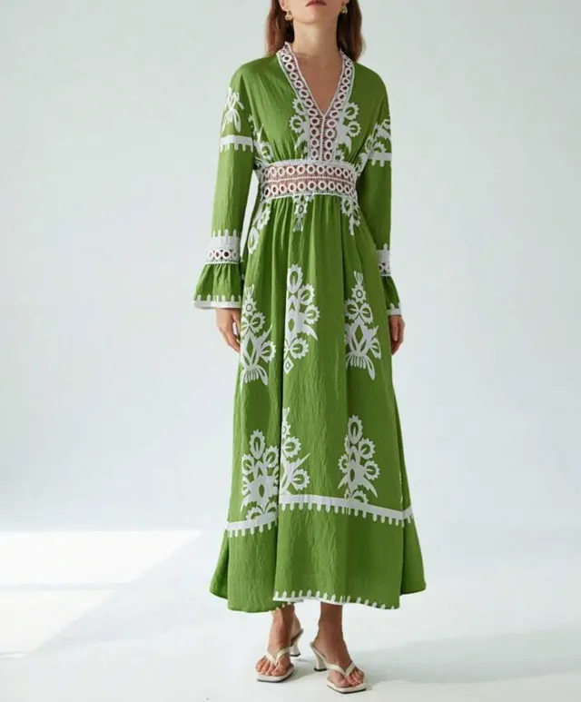 Fall V neck Stitching Lace Women's Long sleeved Dress Green - Shop at LoveMi
