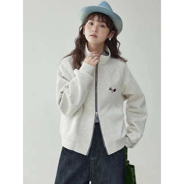 Cardigan Zipper Short Coat Loose All matching Light Gray - Shop at LoveMi