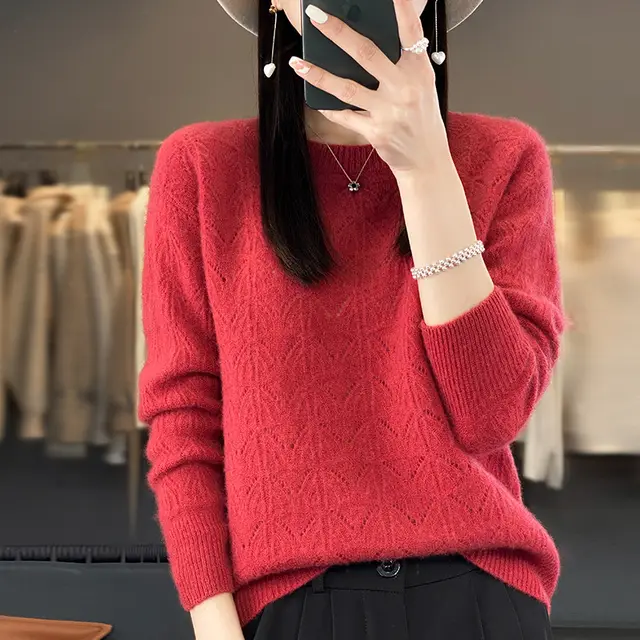 Women's Wool Knitted Round Neck Pullover Hollow out Solid Color Long Sleeve Cherry Red - Shop at LoveMi