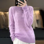Women's Wool Knitted Round Neck Pullover Hollow-out Solid Color Long Sleeve - Light Purple