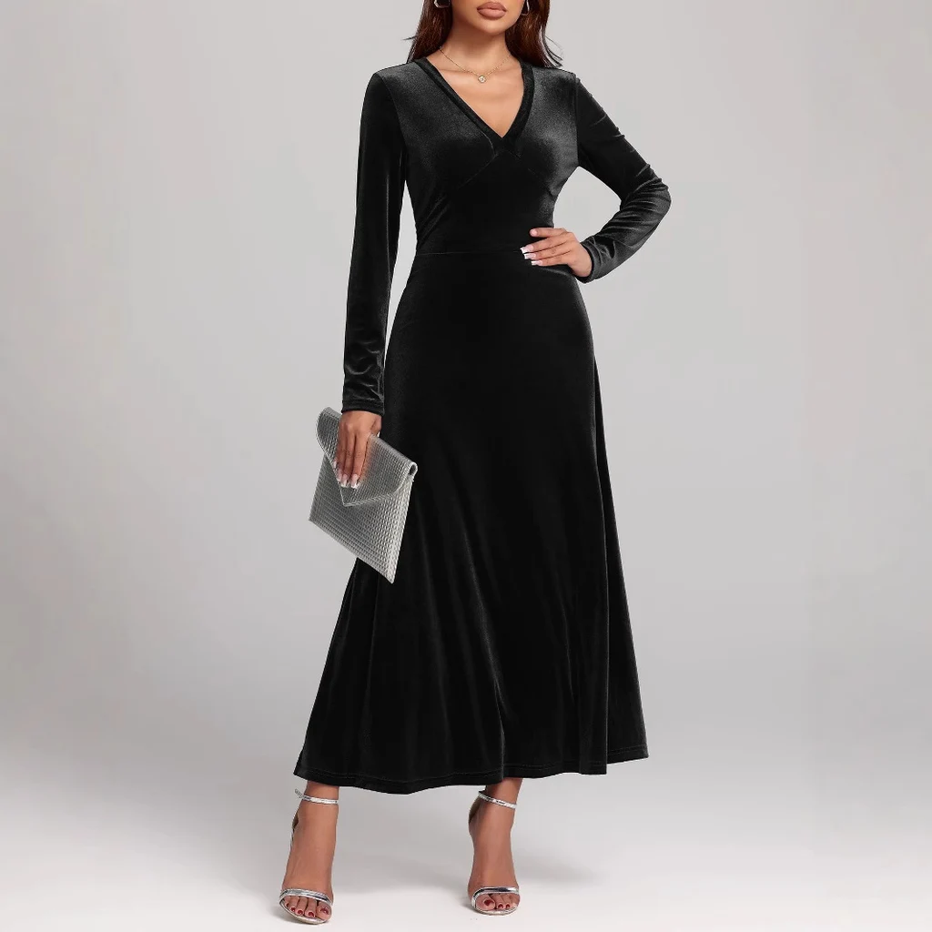 V-neck Long Sleeve Evening Dress Pleuche Dress - 8735 Black