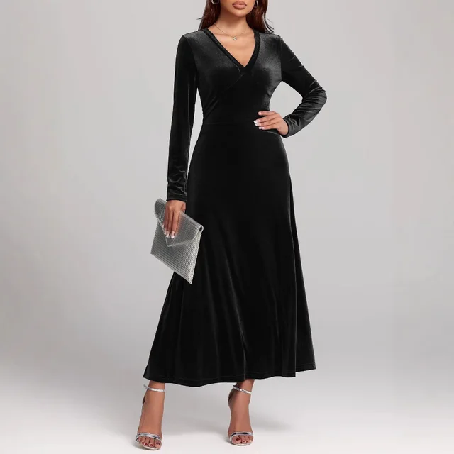 V neck Long Sleeve Evening Dress Pleuche Dress 8735 Black - Shop at LoveMi