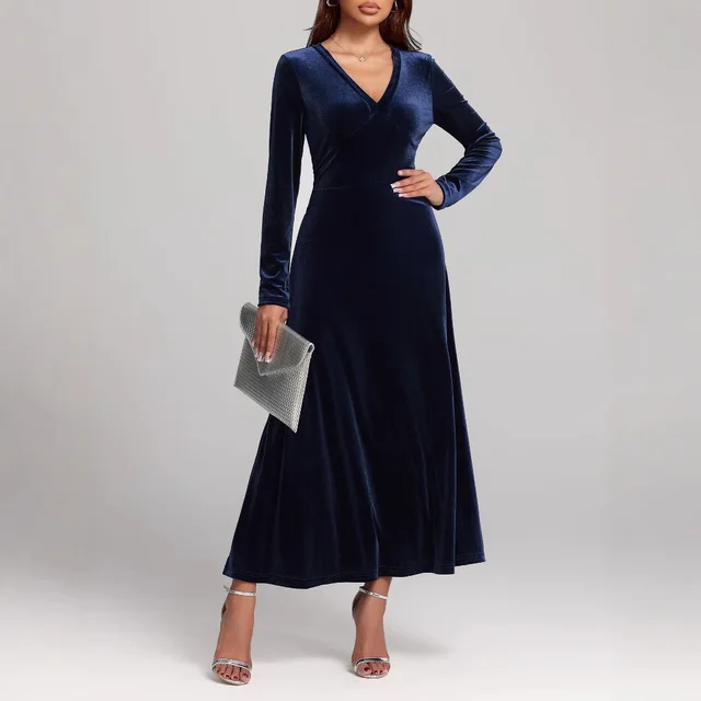 V neck Long Sleeve Evening Dress Pleuche Dress 8735 Blue - Shop at LoveMi
