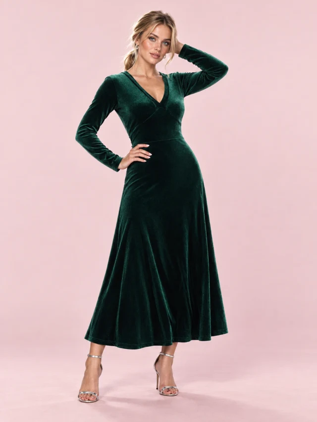 V neck Long Sleeve Evening Dress Pleuche Dress 8735 Green - Shop at LoveMi