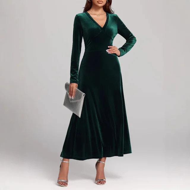 V neck Long Sleeve Evening Dress Pleuche Dress 8735 Green - Shop at LoveMi