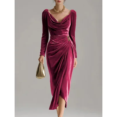 Long Sleeve Pleated Long Slit Velvet Sheath Dress Red - Shop at LoveMi