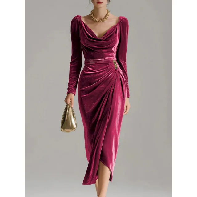 Long Sleeve Pleated Long Slit Velvet Sheath Dress Red - Shop at LoveMi