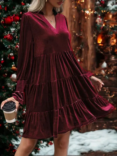 Long Sleeve Christmas Skirt Velvet Cake Dresses With Puffy Sleeves And V Neck Mini Skirt Elegant Short Dress For Women New Year Party Clothing Wine Red - Shop at LoveMi