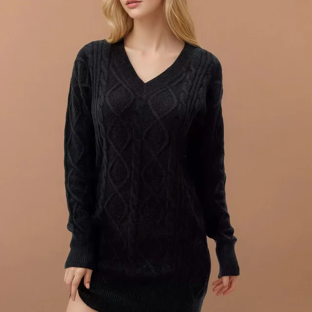 Mid length Sweater V neck Knitted Casual Twist Dress Black - Shop at LoveMi