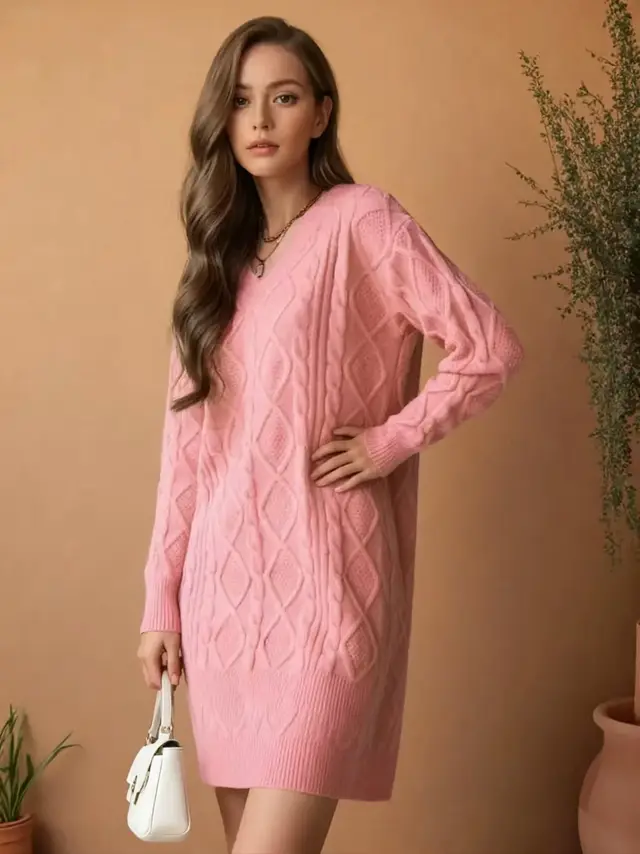 Mid length Sweater V neck Knitted Casual Twist Dress Pink - Shop at LoveMi