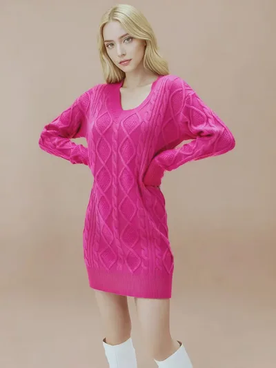 Mid length Sweater V neck Knitted Casual Twist Dress Rose Red - Shop at LoveMi