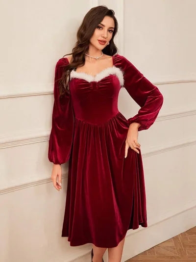 Women's Vintage Christmas Party Long Sleeve Red Velvet Dress Square Collar Dress Elegant Slimming Waist Autumn Women's Clothing Wine - Shop at LoveMi