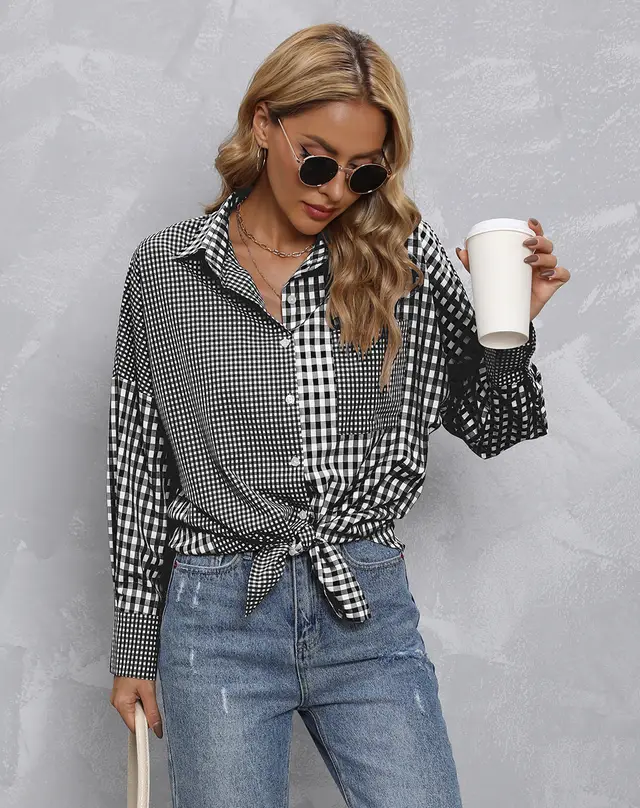 Lapel Plaid Colorblock Loose Casual Shirt Black - Shop at LoveMi