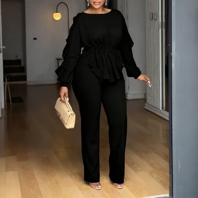 Ruffled Drawstring Long Sleeve Waist controlled Top Pants Black - Shop at LoveMi