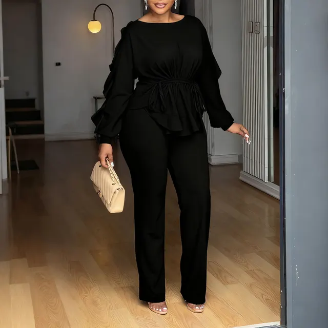 Ruffled Drawstring Long Sleeve Waist controlled Top Pants Black - Shop at LoveMi