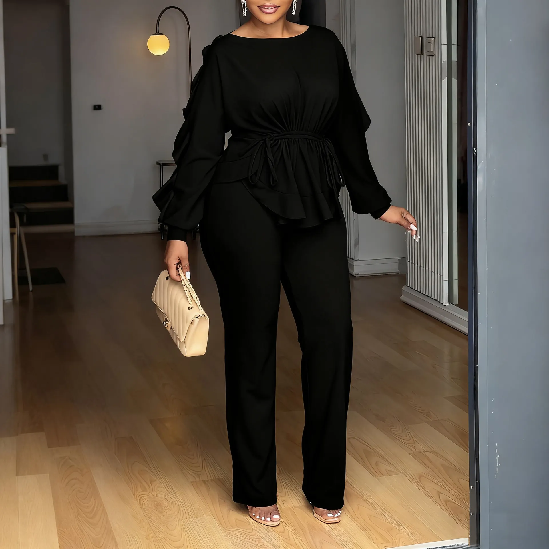 Ruffled Drawstring Long Sleeve Waist-controlled Top Pants - Black
