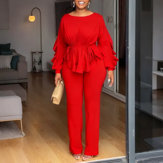 Ruffled Drawstring Long Sleeve Waist controlled Top Pants Red - Shop at LoveMi