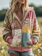 Loose Women's Casual Floral Print Hoodies - Pink