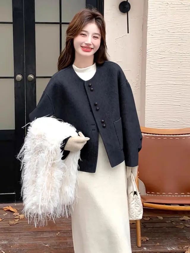 Korean Style Temperament Crew Neck Woolen Coat Carbon Black - Shop at LoveMi