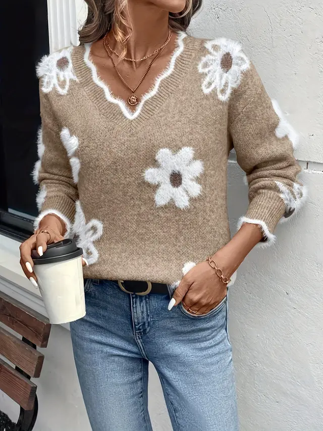 Women's Sweater Elegant Floral Jacquard Khaki - Shop at LoveMi
