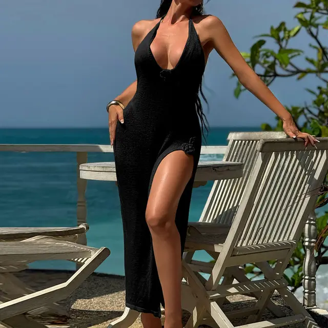 Lace up Side Slit Three dimensional Crocheted Slim Dress Black - Shop at LoveMi