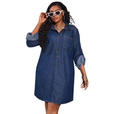 Loose Fashion Denim Long Sleeve Casual Dress Dark Blue - Shop at LoveMi