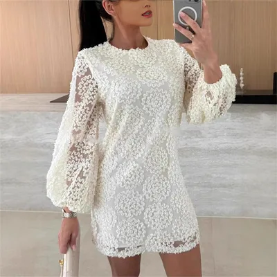 Lace Texture Fabric Balloon Sleeves Loose Mini Dress White - Shop at LoveMi