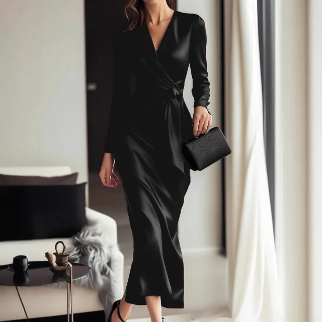 Fashionable Lady Satin Lace up Waist Dress Black - Shop at LoveMi