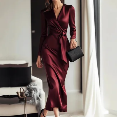 Fashionable Lady Satin Lace up Waist Dress Wine Red - Shop at LoveMi