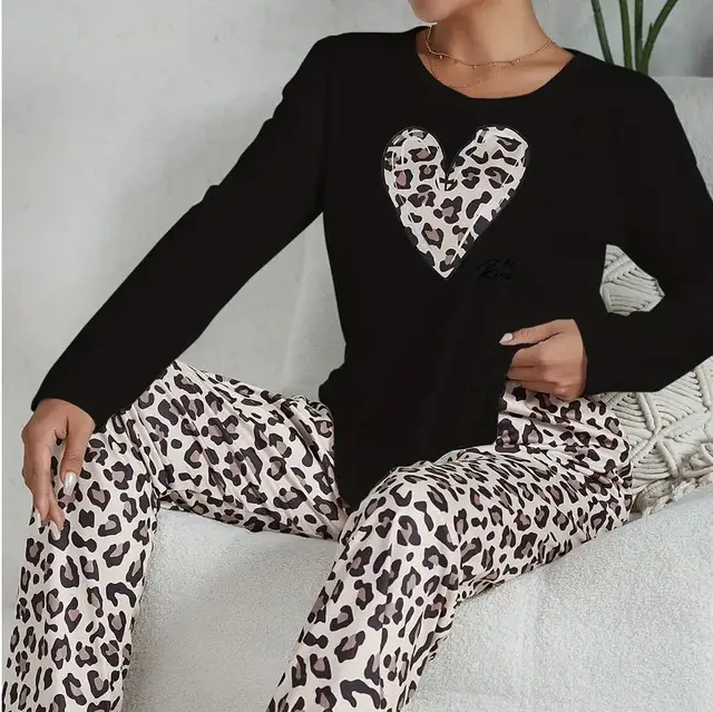 Casual Heart Leopard Print Pajamas Set Loose Long Sleeve Ladies Xy1 - Shop at LoveMi
