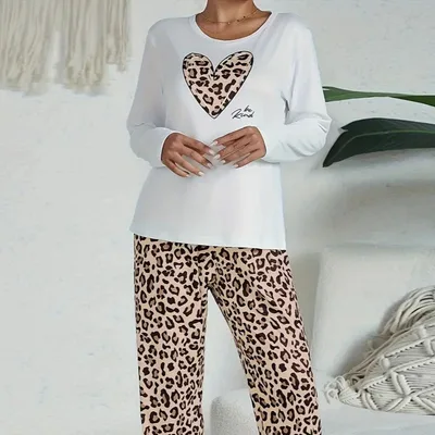 Casual Heart Leopard Print Pajamas Set Loose Long Sleeve Ladies Xy2 - Shop at LoveMi