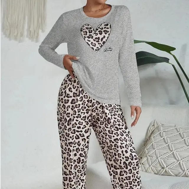 Casual Heart Leopard Print Pajamas Set Loose Long Sleeve Ladies Xy3 - Shop at LoveMi
