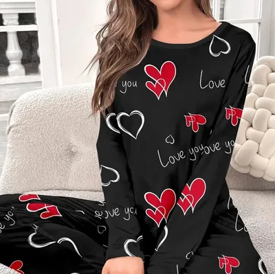 Casual Heart Leopard Print Pajamas Set Loose Long Sleeve Ladies Xy6 - Shop at LoveMi