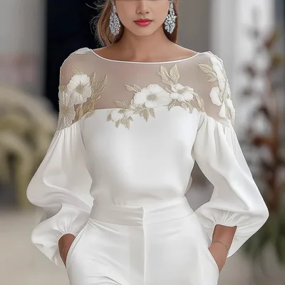 Long Sleeve Round Neck Mesh Stitching Digital Printed Chiffon Shirt Top White - Shop at LoveMi