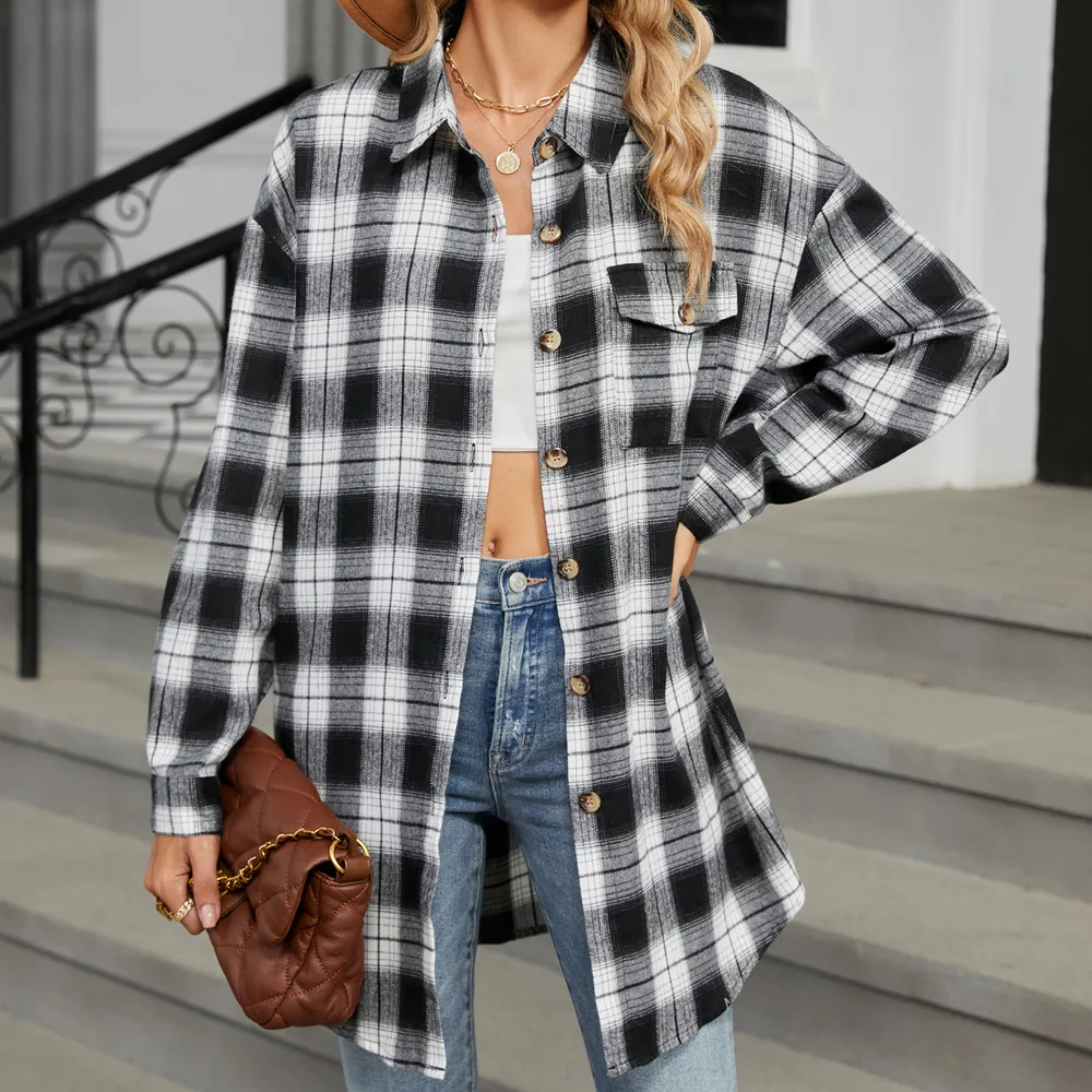 Oversize BF Style Plaid Brushed Long Sleeve Shirt - Black And White