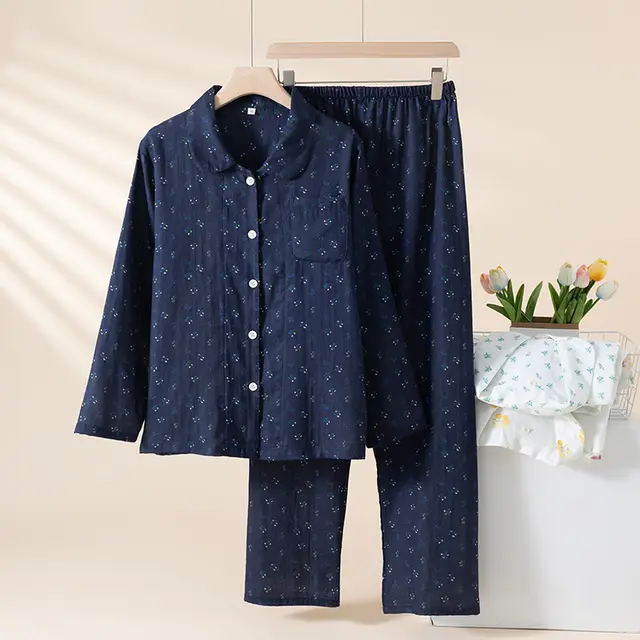 Pure Cotton Breathable Cartoon Lapel Student Summer Loungewear Suit Navy Blue Floral - Shop at LoveMi