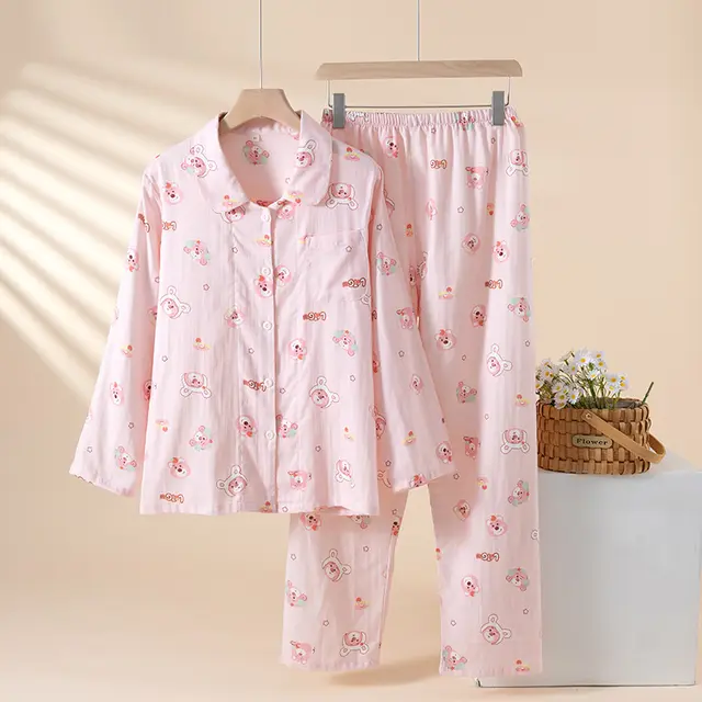 Pure Cotton Breathable Cartoon Lapel Student Summer Loungewear Suit Pink Strawberry Bear - Shop at LoveMi