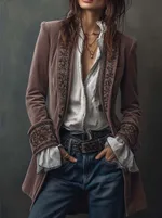 Long Sleeve Solid Color Stitching Lace Pleuche Coat - Lotus Root Color - View 1