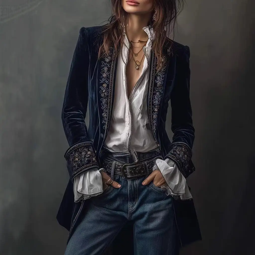 Long Sleeve Solid Color Stitching Lace Pleuche Coat - Navy Blue