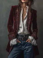 Long Sleeve Solid Color Stitching Lace Pleuche Coat - Red