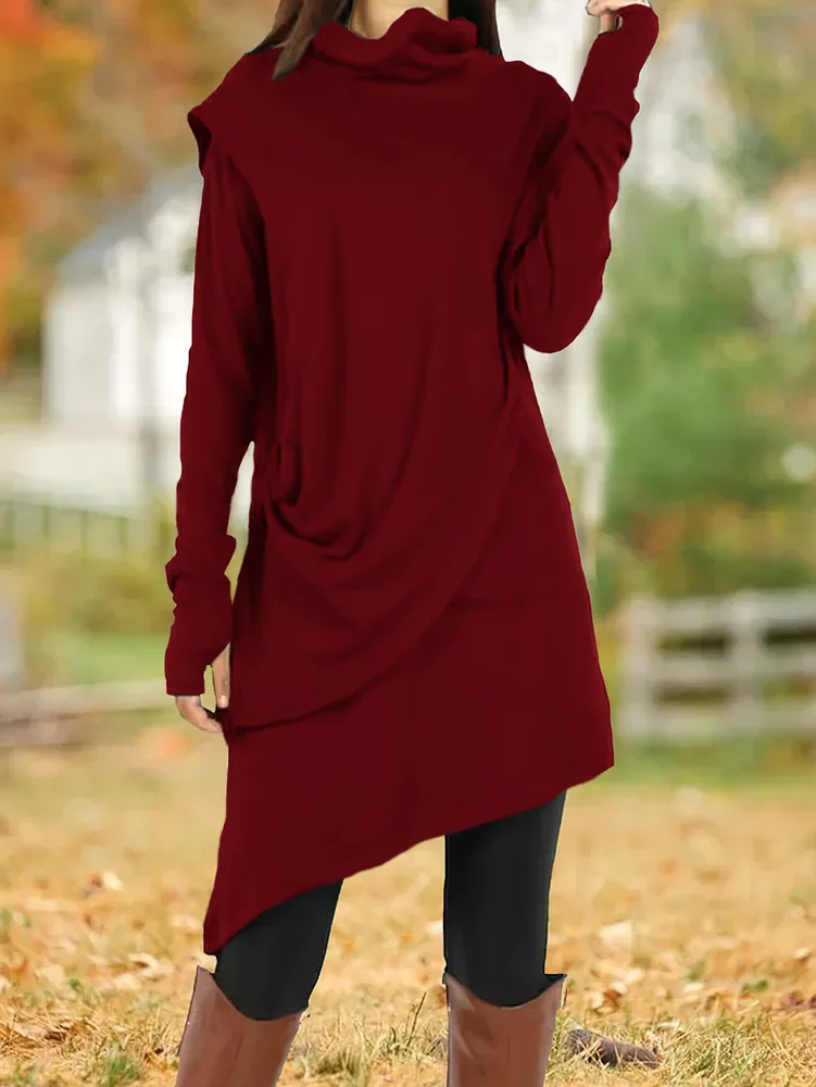 Black High Collar Irregular Fake Two-piece Long-sleeved Dress - 8673 Wine Red