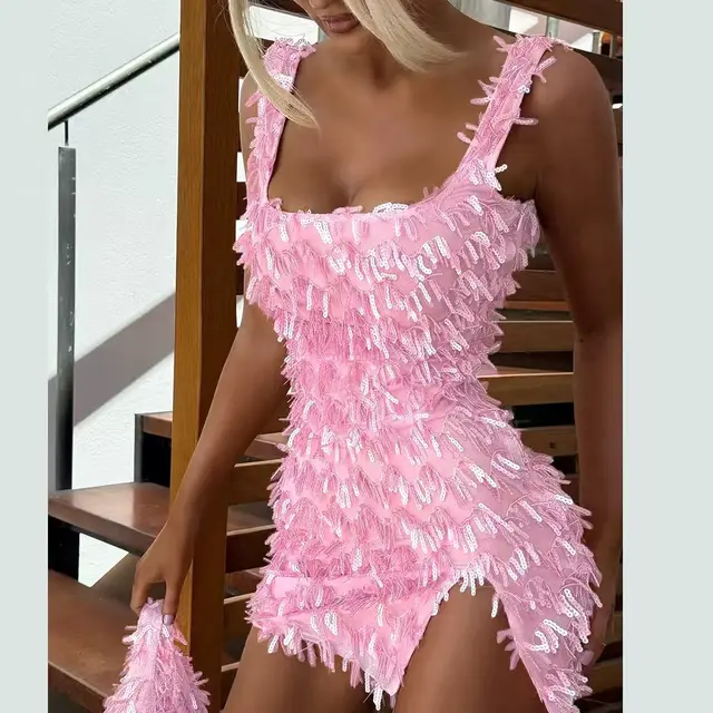 Off the shoulder Strap Hip Skirt Split Furry Dress Pink - Shop at LoveMi