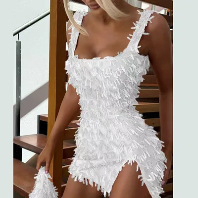 Off the shoulder Strap Hip Skirt Split Furry Dress White - Shop at LoveMi