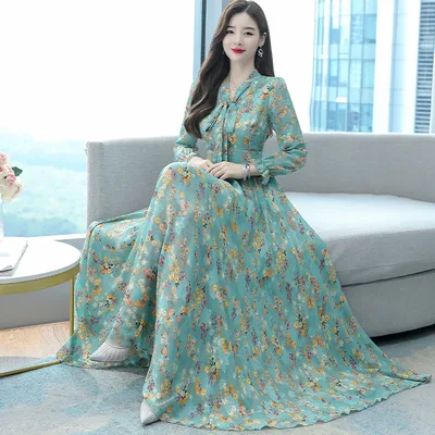Elegant Slim Fit Below The Knee Bow V neck Jacquard Maxi Dress Green - Shop at LoveMi