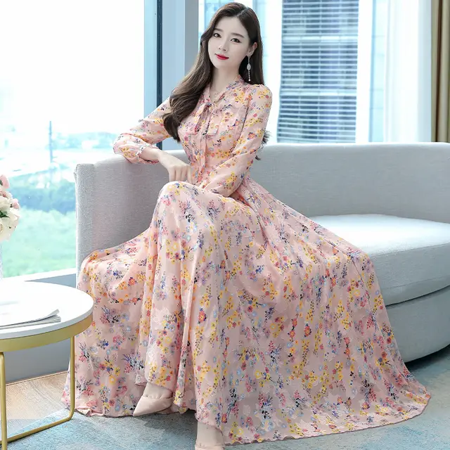 Elegant Slim Fit Below The Knee Bow V neck Jacquard Maxi Dress Pink - Shop at LoveMi