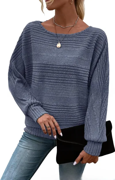 Women's Round Neck Splicing Pullover Top T shirt Blue2 - Shop at LoveMi