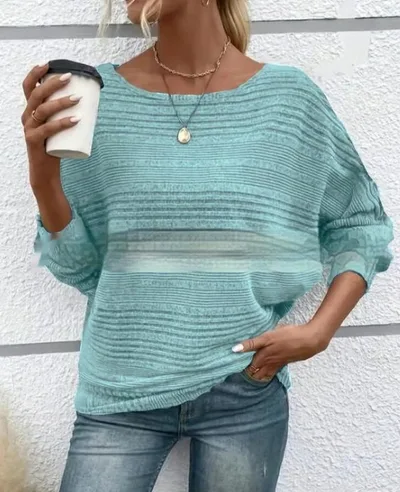 Women's Round Neck Splicing Pullover Top T shirt Lake Blue - Shop at LoveMi